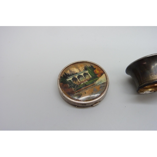 7230 - A silver and tortoiseshell topped scent bottle, with stopper, together with a TLM silver compact wit... 