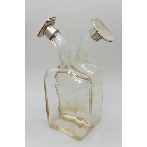 7233 - Silver mounted oil/vinegar glass bottle, J.W & S, Birmingham 1911, 13cm