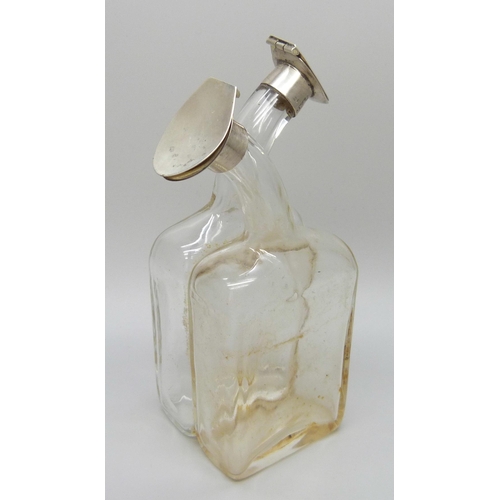 7233 - Silver mounted oil/vinegar glass bottle, J.W & S, Birmingham 1911, 13cm