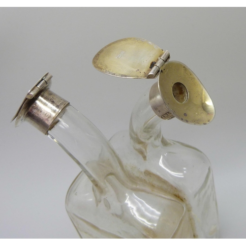 7233 - Silver mounted oil/vinegar glass bottle, J.W & S, Birmingham 1911, 13cm