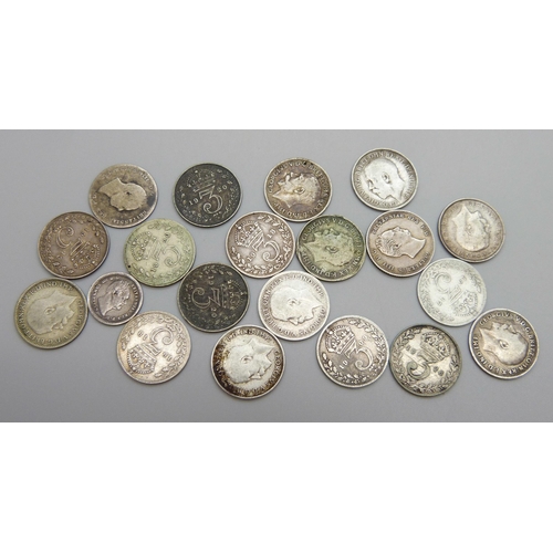 7243 - Three William IV coins including an 1834 1½ pence, and seventeen silver 3d coins