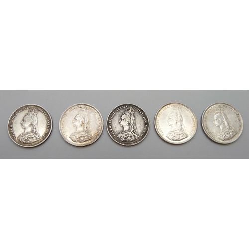 7244 - Coins; five Victoria silver shillings, all 1887