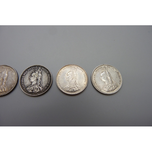 7244 - Coins; five Victoria silver shillings, all 1887