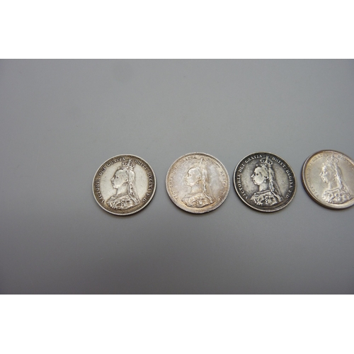 7244 - Coins; five Victoria silver shillings, all 1887