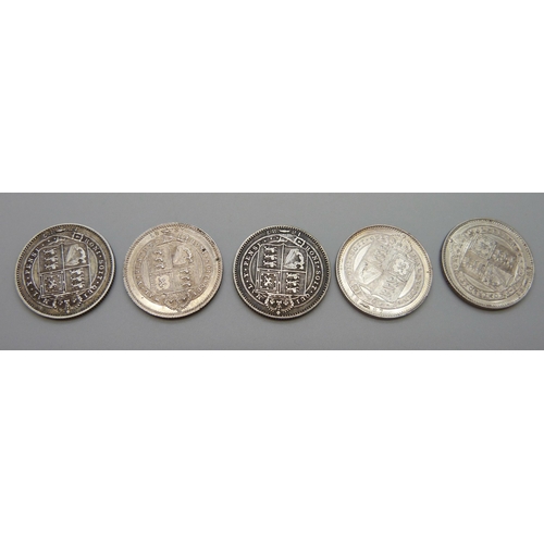 7244 - Coins; five Victoria silver shillings, all 1887