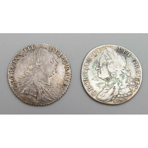 7257 - Coins; a George II silver shilling 1745 and a George III silver shilling 1787