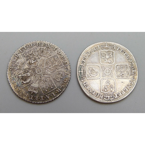 7257 - Coins; a George II silver shilling 1745 and a George III silver shilling 1787