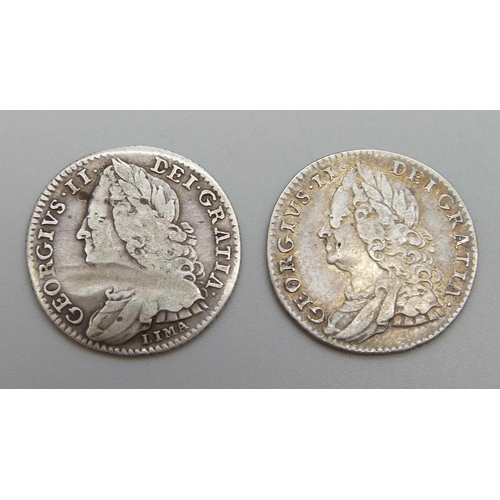 7258 - Two George II sixpence coins - 1746 and 1757