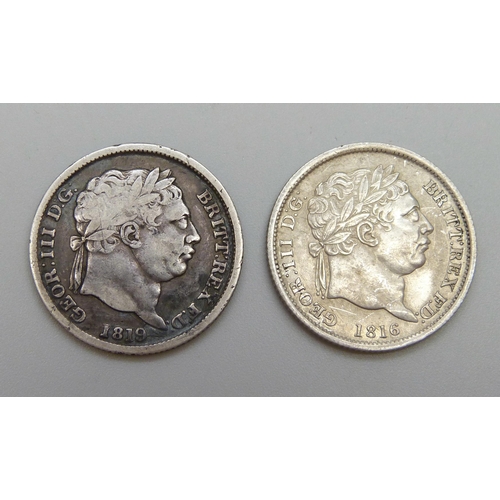 7261 - Coins; two George III silver shillings, 1816 and 1819