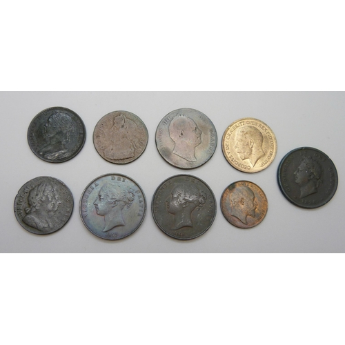 7264 - Nine coins including William and Mary 1694, Britannia, three Victoria, 2x 1853 and an 1891 one penny... 