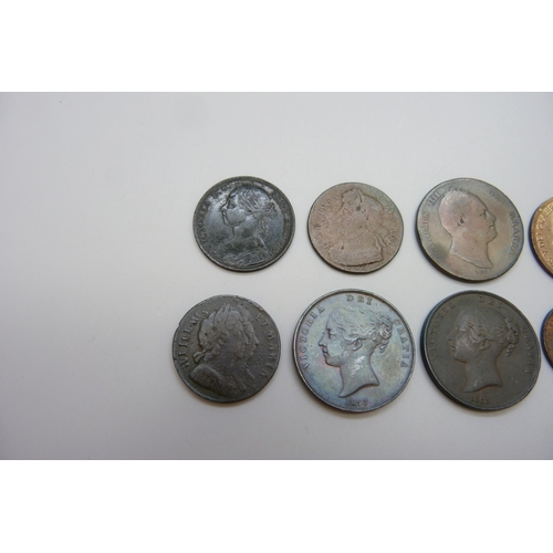 7264 - Nine coins including William and Mary 1694, Britannia, three Victoria, 2x 1853 and an 1891 one penny... 