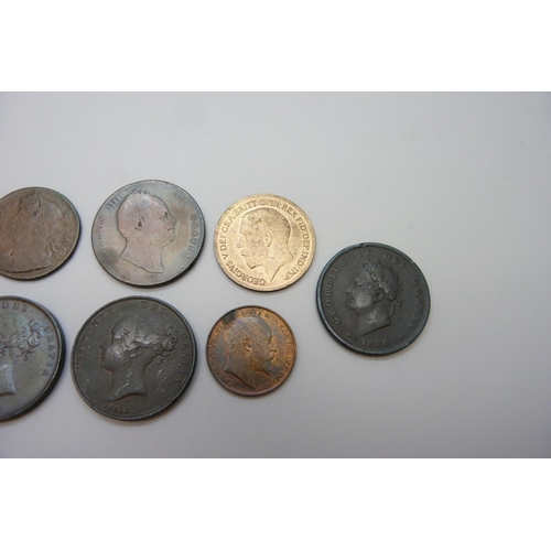 7264 - Nine coins including William and Mary 1694, Britannia, three Victoria, 2x 1853 and an 1891 one penny... 