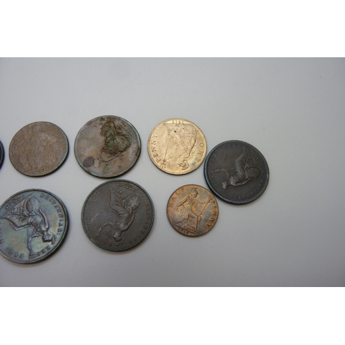 7264 - Nine coins including William and Mary 1694, Britannia, three Victoria, 2x 1853 and an 1891 one penny... 