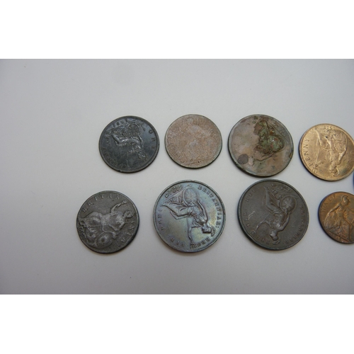 7264 - Nine coins including William and Mary 1694, Britannia, three Victoria, 2x 1853 and an 1891 one penny... 