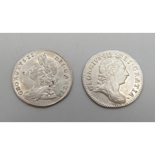 7269 - Two 19th Century silver 3d coins, George II 1732 and George III 1762