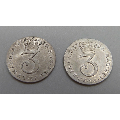 7269 - Two 19th Century silver 3d coins, George II 1732 and George III 1762