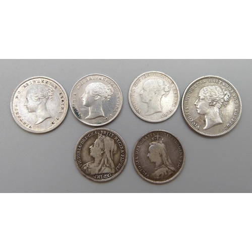 7271 - Six Victorian silver coins - three 3d coins, 1886, 1887 and 1898, two 4d coins, 1843 and 1844, and o... 