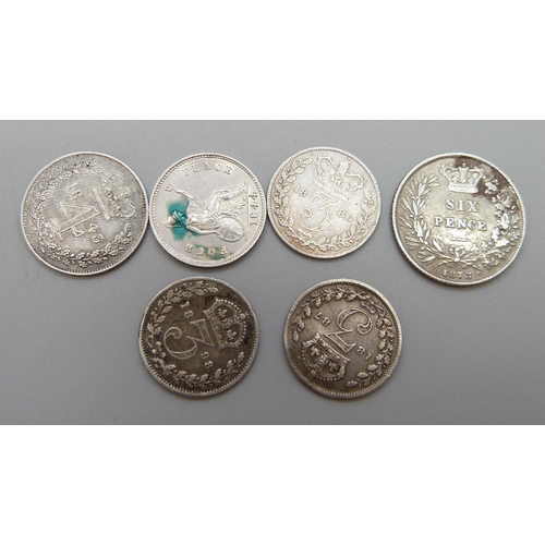 7271 - Six Victorian silver coins - three 3d coins, 1886, 1887 and 1898, two 4d coins, 1843 and 1844, and o... 