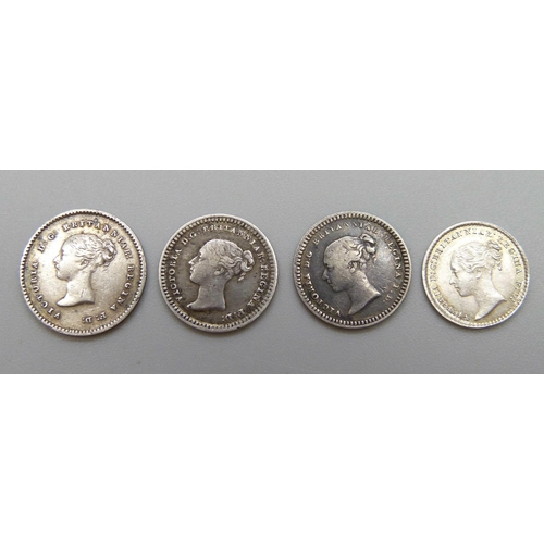 7272 - Four Victorian silver coins - two 1½ pence, 1841 and 1843, an 1869 1 pence and an 1838 2 pence