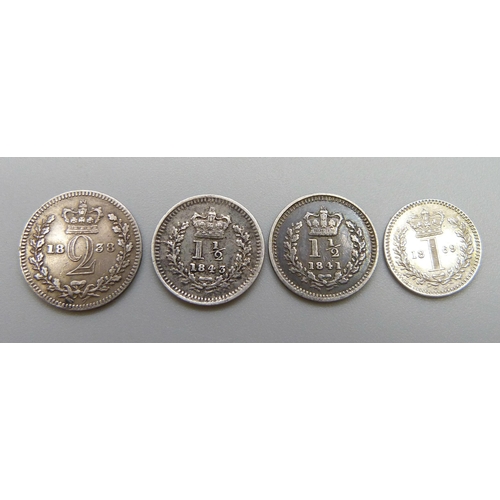 7272 - Four Victorian silver coins - two 1½ pence, 1841 and 1843, an 1869 1 pence and an 1838 2 pence