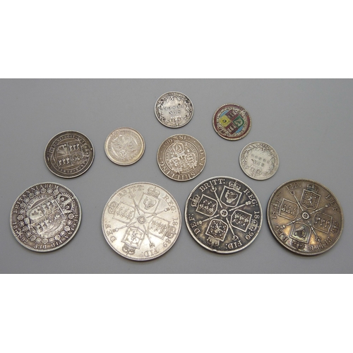 7279 - Coins; a collection of Victorian silver coins, one enamelled