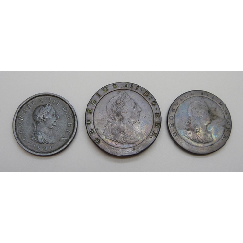 7280 - Three George III coins - a 1797 cartwheel 2 penny, penny, and an 1806 Britannia