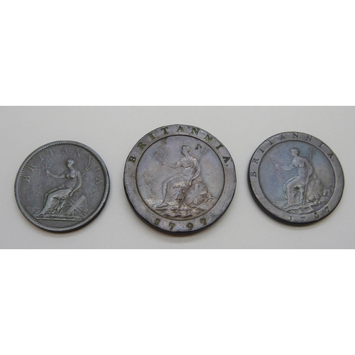 7280 - Three George III coins - a 1797 cartwheel 2 penny, penny, and an 1806 Britannia