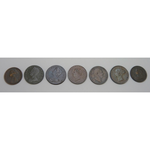 7282 - Seven coins - George II, 1731 and 1744, George IV 1826, William IV 1831 and three Victoria, 1855, 18... 