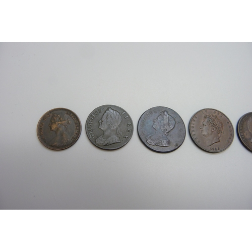 7282 - Seven coins - George II, 1731 and 1744, George IV 1826, William IV 1831 and three Victoria, 1855, 18... 