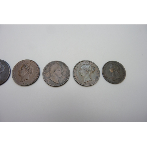 7282 - Seven coins - George II, 1731 and 1744, George IV 1826, William IV 1831 and three Victoria, 1855, 18... 