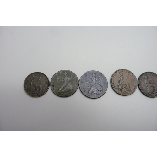 7282 - Seven coins - George II, 1731 and 1744, George IV 1826, William IV 1831 and three Victoria, 1855, 18... 