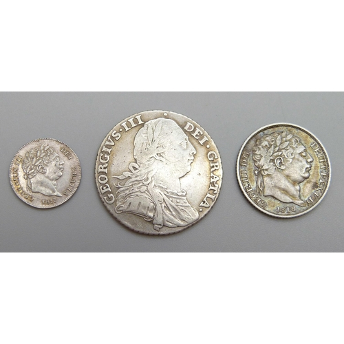 7283 - Three George III silver coins - 1817 2d, 1818 sixpence and 1787 shilling