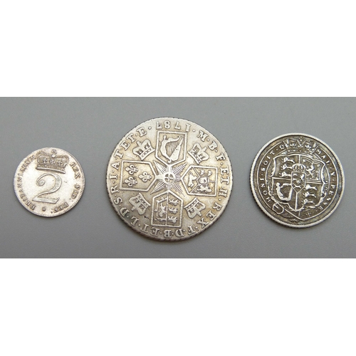 7283 - Three George III silver coins - 1817 2d, 1818 sixpence and 1787 shilling