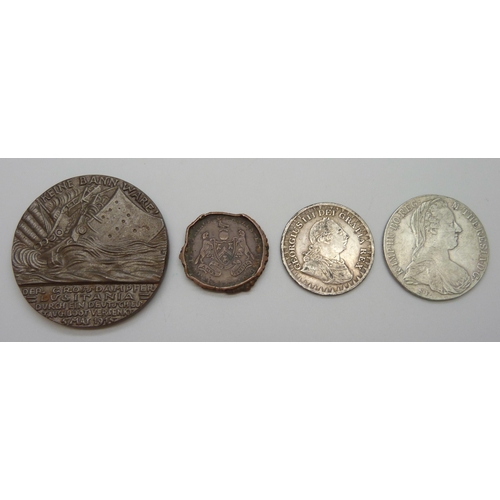 7286 - A Lusitania medallion, a Marie Theresia coin, an 1811 Bank Token and one other coin