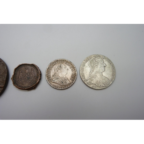 7286 - A Lusitania medallion, a Marie Theresia coin, an 1811 Bank Token and one other coin