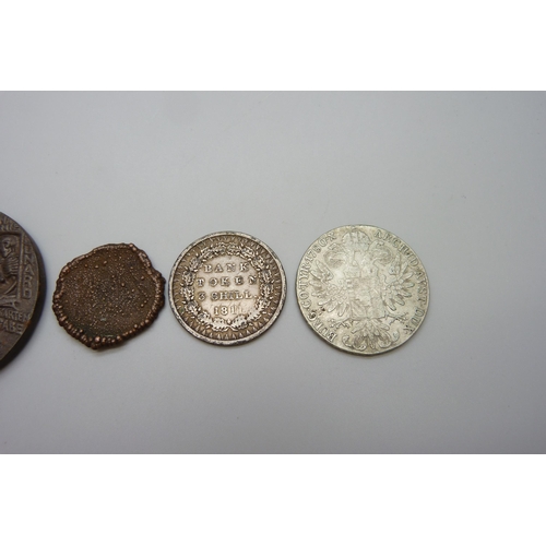 7286 - A Lusitania medallion, a Marie Theresia coin, an 1811 Bank Token and one other coin