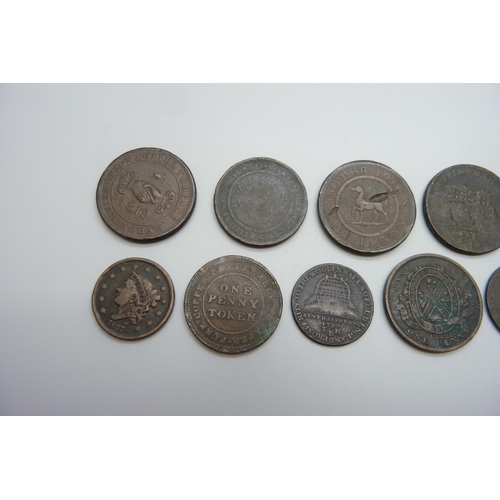 7288 - An 1813 Nottingham penny token, Birmingham, Birmingham and South Wales, other tokens and a US 1837 o... 