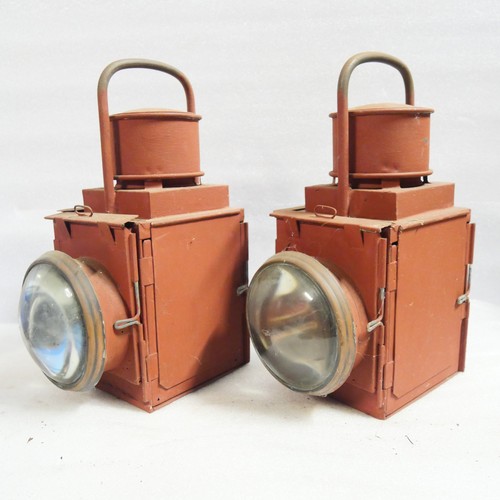 9212 - Two BR guard's van lamps. Partially restored in red oxide primer. 33cm H. To be sold with no reserve... 