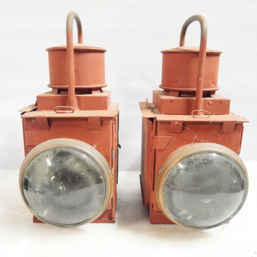 9212 - Two BR guard's van lamps. Partially restored in red oxide primer. 33cm H. To be sold with no reserve... 