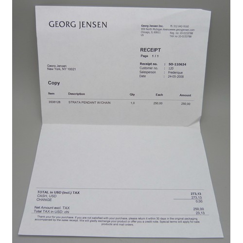 7135A - A silver Georg Jensen pendant and chain, number 203, with box and receipt dated 2008, Georg Jensen, ... 