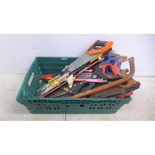 5010 - A box of 14 hand saws, a bow saw, a square rule, an Irwin Hilmor type GLM pipe bender and a precisio... 