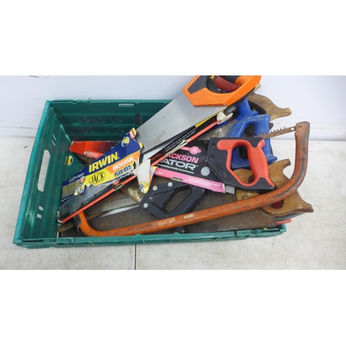 5010 - A box of 14 hand saws, a bow saw, a square rule, an Irwin Hilmor type GLM pipe bender and a precisio... 