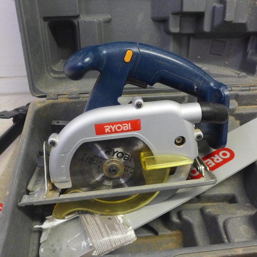 5024 - A Ryobi CW-1440, 14.4v cordless circular saw - no battery and a wall mounted bike rack