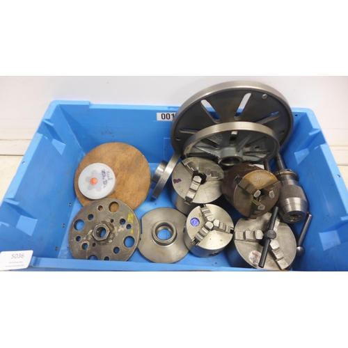 5036 - A collection of assorted lathe chucks including a BSA 3 jaw, HHT Yama 3 jaw, the Burnerd 3 jaw, the ... 