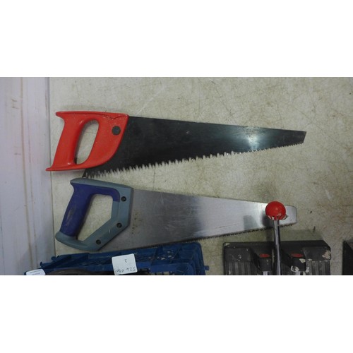 5014 - 7 Assorted hand saws, a Plasplugs tile cutter and a hack saw frame