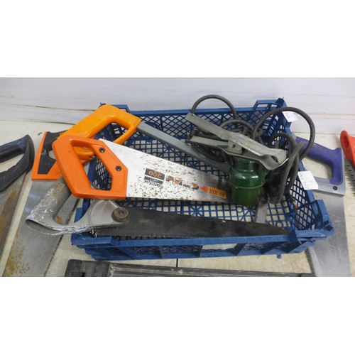 5014 - 7 Assorted hand saws, a Plasplugs tile cutter and a hack saw frame