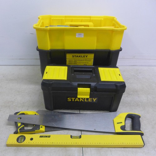 5029 - 2 Stanley toolboxes with a variety of mostly Stanley tools including screwdrivers, a tape measure, k... 