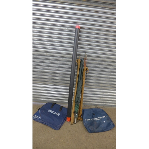 5134 - A quantity of fishing rods including Steadfast Sheffield, Billy Lane, etc. and a fishing umbrella