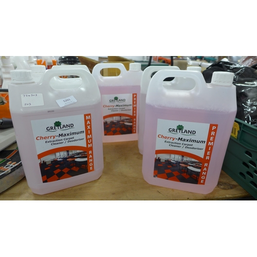 5201 - 4 x 5 litre bottles of Greyland Cherry-Maximum Extraction carpet cleaner/deodoriser and a 5 litre bo... 