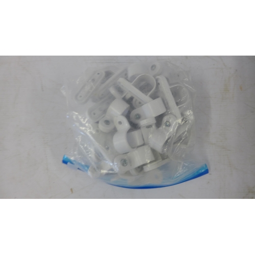 5219 - A box of white plastic conduit boxes, saddles, etc., and a box of black plastic conduit boxes and sa... 